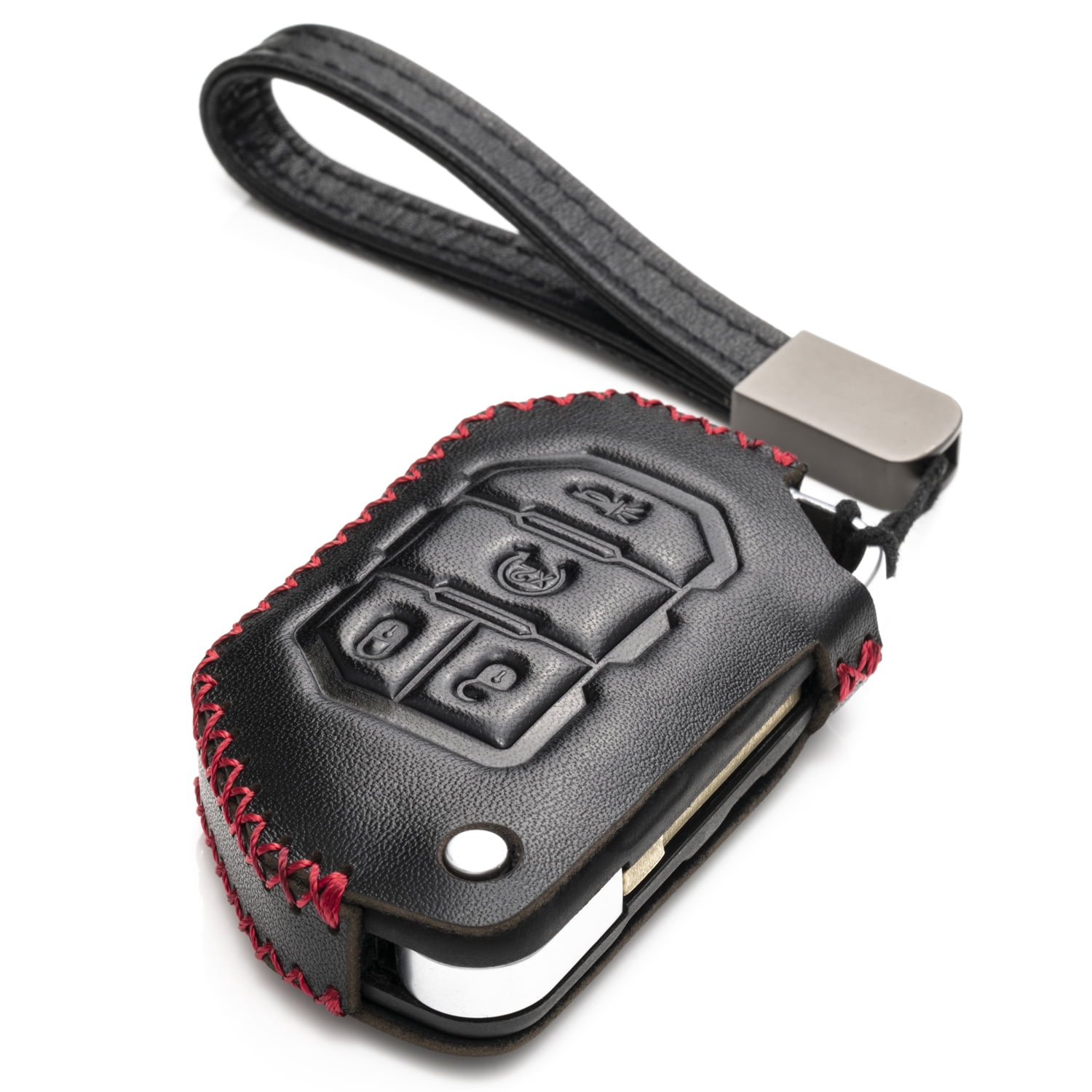 Vitodeco Genuine Leather Key Fob Case For Ford (2018-2026 Models) – 4-Button Smart Key Cover, Black/Red, With Keychain Clip