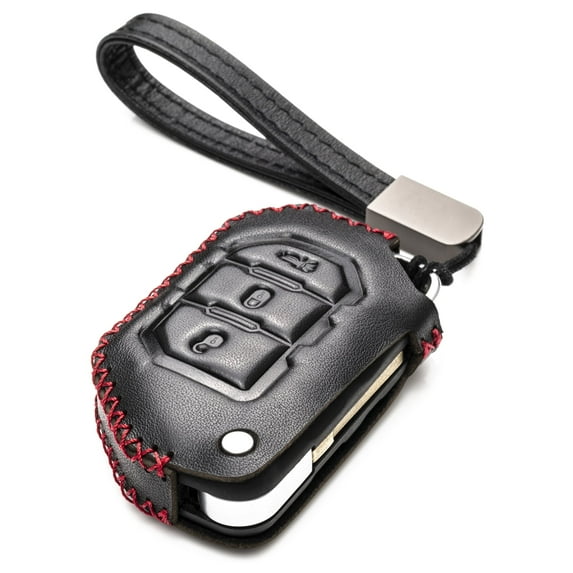 Vitodeco Genuine Leather Flip Key Fob Case Cover Protector Compatible for Jeep Wrangler, Gladiator (2018 - 2026 Models) (3-Button, Black/Red)