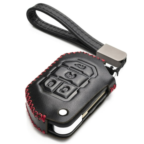 Vitodeco Genuine Leather Flip Key Fob Case Cover Protector Compatible for Jeep Wrangler, Gladiator (2018 - 2026 Models)(4-Button, Black/Red)