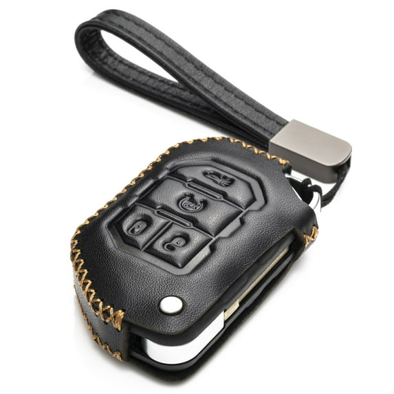 Vitodeco Genuine Leather Flip Key Fob Case Cover Protector Compatible for Jeep Wrangler, Gladiator (2018 - 2026 Models) (4-Button, Black)
