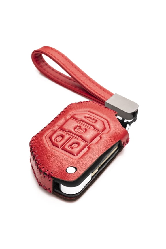 Genuine Leather Flip Key Fob Case Cover Protector Compatible for Jeep Wrangler, Gladiator (2018 - 2026 Models) (4-Button, Red)