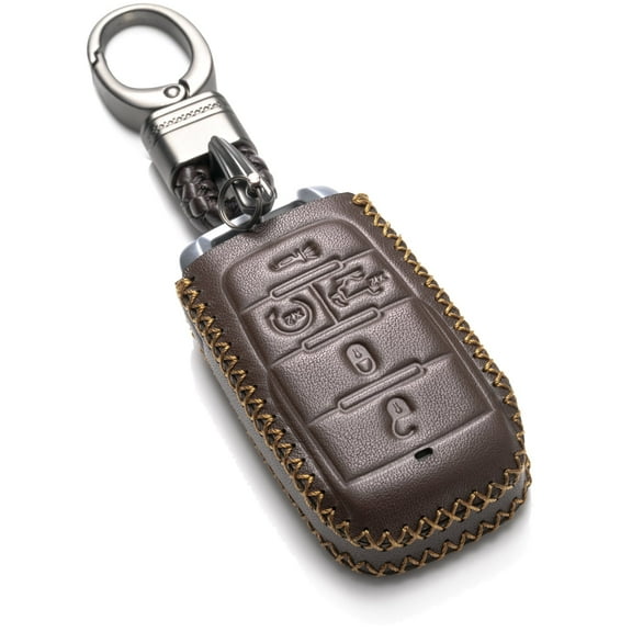 Vitodeco Genuine Leather Keyless Entry Remote Control Smart Key Case Cover with Key Chain Compatible for RAM 1500 2019-2025 (5-Button with Tailgate, Brown)