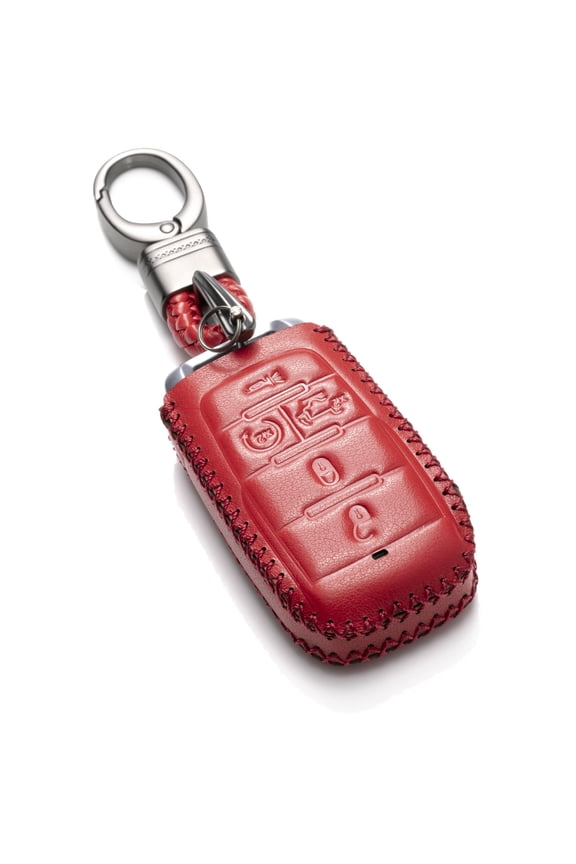 Genuine Leather Smart Key Fob Case Cover Protector Compatible with RAM 1500, RAM 2500, RAM 3500 2019 - 2026 (5-Button with Tailgate, Red)