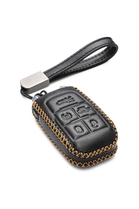 Genuine Leather Keyless Entry Remote Control Smart Key Case Cover with Leather Key Strap Compatible for RAM 2500, 3500, 4500, 5500 2019 - 2025 (5-Button, Black)
