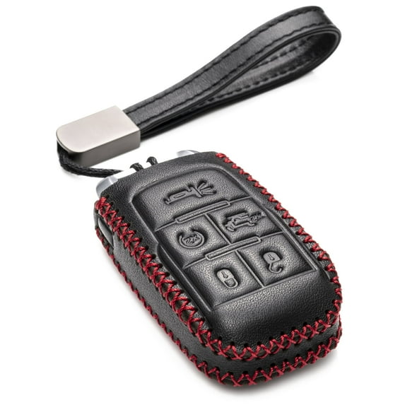 Vitodeco Genuine Leather Remote Control Smart Key Case Cover Protector with Leather Key Strap - Compatible for RAM 2500, 3500, 4500, 5500 (2019 - 2026 Models) - 5-Button, Black/Red