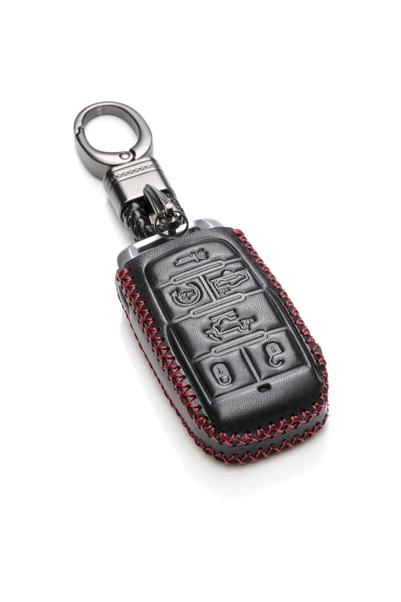 Genuine Leather Keyless Entry Remote Control Smart Key Case Cover with Key Chain Compatible for RAM 1500 2019-2025 (6-Button, Black/Red)