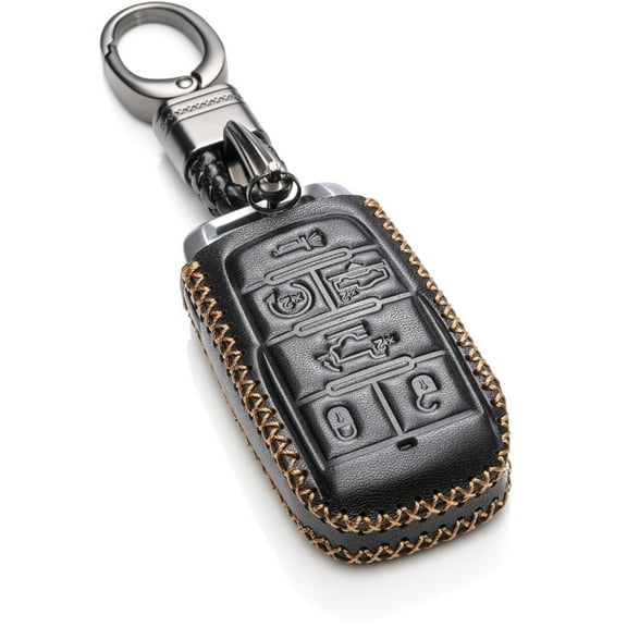 Vitodeco Genuine Leather Keyless Entry Remote Control Smart Key Case Cover with Key Chain Compatible for RAM 1500 2019-2025 (6-Button, Black)
