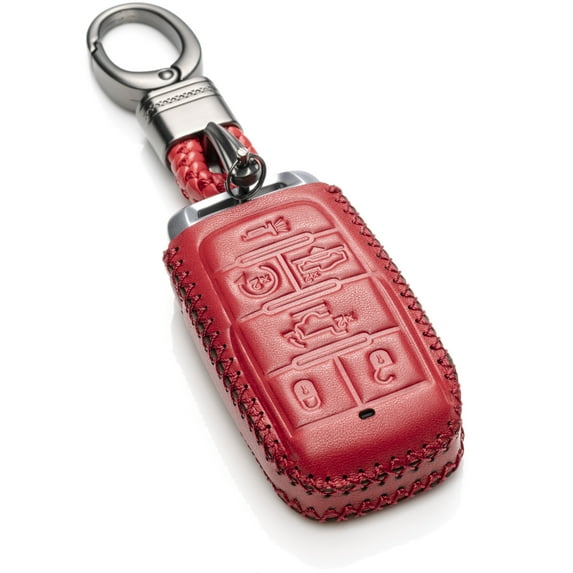 Vitodeco Genuine Leather Keyless Entry Remote Control Smart Key Case Cover with Key Chain Compatible for RAM 1500 2019-2025 (6-Button, Red)