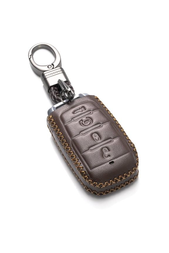 Genuine Leather Keyless Entry Remote Control Smart Key Case Cover with Leather Key Chain Compatible for RAM 1500 2019-2025 (4-Button, Brown)