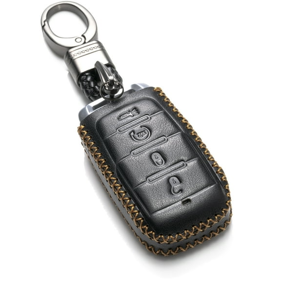 Vitodeco Genuine Leather Keyless Entry Remote Control Smart Key Case Cover with Leather Key Chain Compatible for RAM 1500 2019-2025 (4-Button, Black)