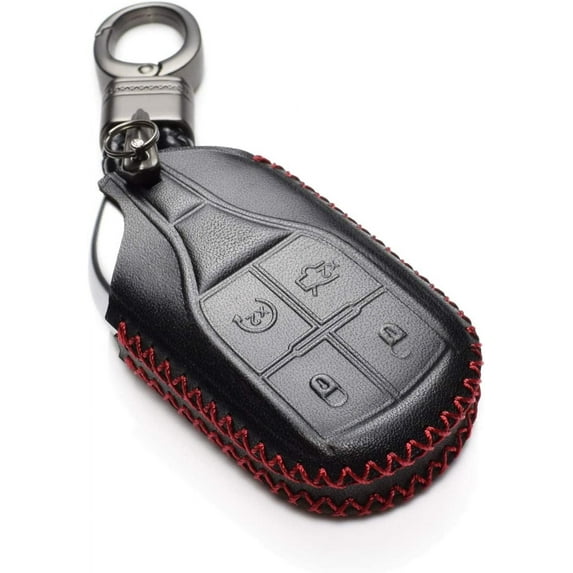 Vitodeco Genuine Leather Keyless Smart Key Fob Case Cover with Key Chain Compatible for Maserati Ghibli, Levante, Quattroporte (Remote Start, Black/Red)
