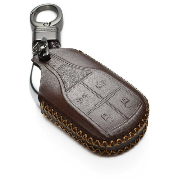 Vitodeco Genuine Leather Keyless Smart Key Fob Case Cover with Key Chain Compatible for Maserati Ghibli, Levante, Quattroporte (Light Button, Brown)