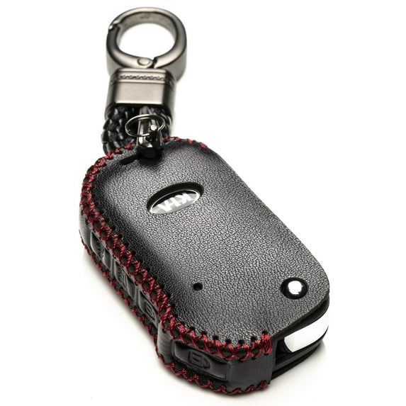 Vitodeco Genuine Leather Smart Flip Key Fob Remote Case with Key Holder Compatible for KIA Sportage, KIA Forte - 4-Button, Black/Red