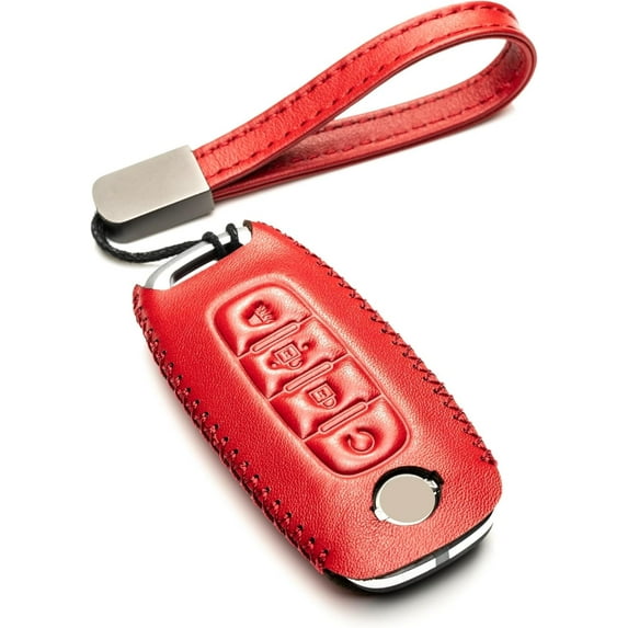 Vitodeco Genuine Leather Smart Key Fob Case Compatible with Nissan Sentra, Versa, Rogue, Pathfinder, Murano, Kicks, Ariya, Armada (Remote Start Button, Red)