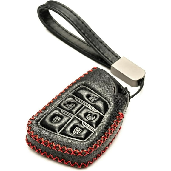 Vitodeco Genuine Leather Smart Key Fob Case Compatible with GMC Canyon, Sierra, Yukon, Acadia, Terrain (2021 - 2026 Models) - 5 Buttons, Black/Red