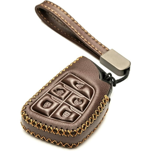 Vitodeco Genuine Leather Smart Key Fob Case Compatible with GMC Canyon, Sierra, Yukon, Acadia, Terrain (2021 - 2026 Models) - 5 Buttons, Brown
