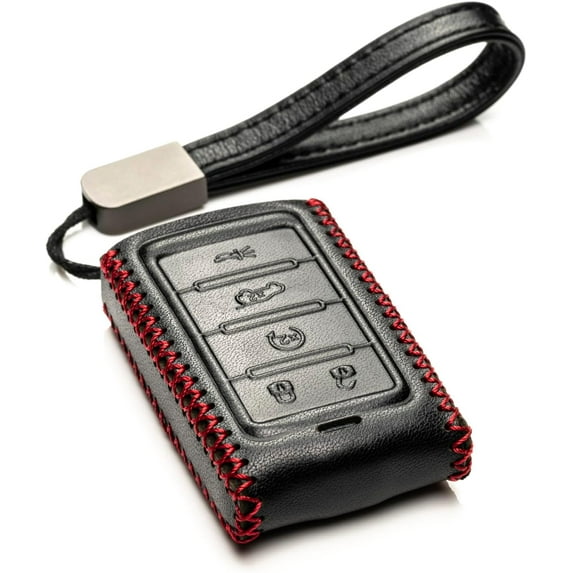 Vitodeco Genuine Leather Smart Key Fob Case Compatible with Jeep Wagoneer, Jeep Grand Wagoneer, Jeep Grand Cherokee (New 5-Button, Black/Red)