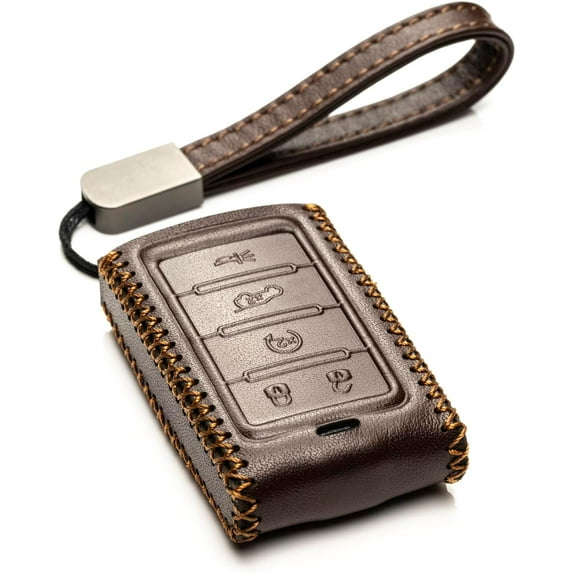 Vitodeco Genuine Leather Smart Key Fob Case Compatible with Jeep Wagoneer, Jeep Grand Wagoneer, Jeep Grand Cherokee (New 5-Button, Brown)