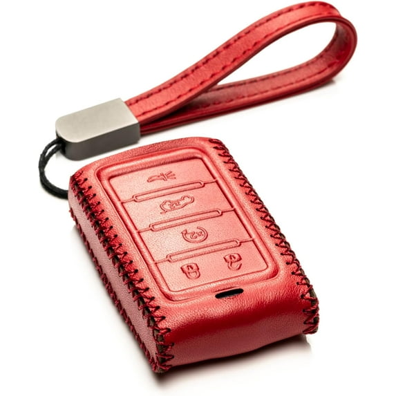 Vitodeco Genuine Leather Smart Key Fob Case Compatible with Jeep Wagoneer, Jeep Grand Wagoneer, Jeep Grand Cherokee (New 5-Button, Red)