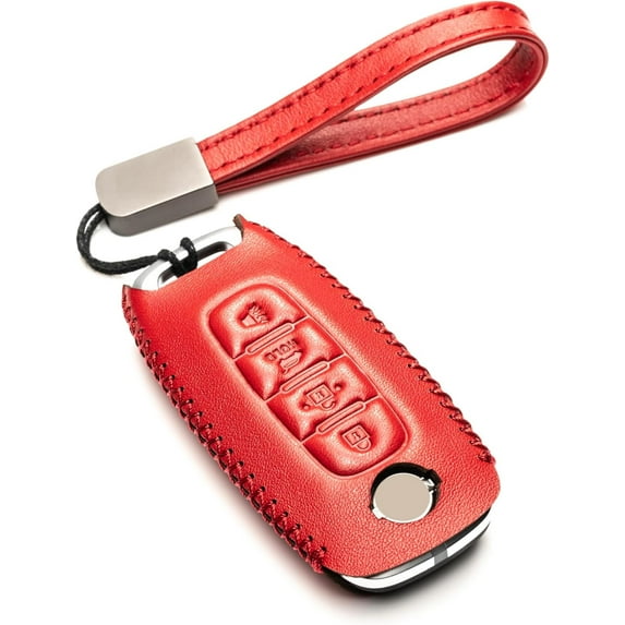 Vitodeco Genuine Leather Smart Key Fob Case Compatible with Nissan Sentra, Versa, Rogue, Pathfinder, Murano, Kicks, Ariya, Armada (Trunk Button, Red)