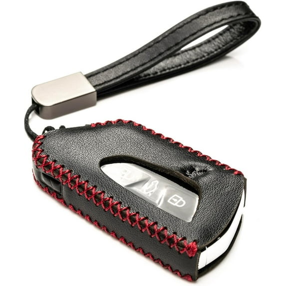 Vitodeco Genuine Leather Smart Key Fob Case Compatible with Volkswagen MK8 Golf GTI, ID4, Atlas (4-Button, Black/Red)