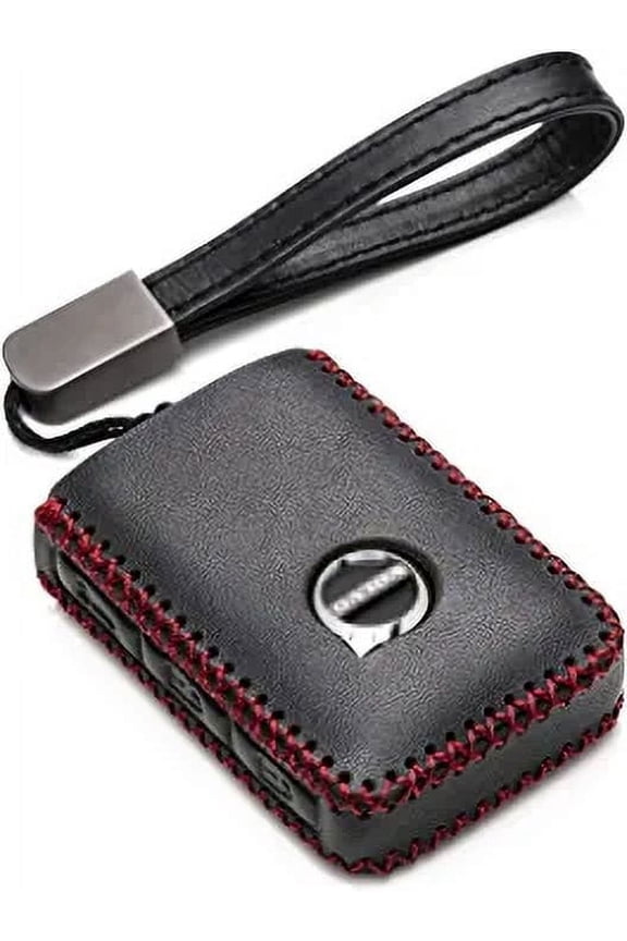 Genuine Leather Smart Key Fob Case Compatible with Volvo XC40, XC60, XC90, S90, S60, V60, V90 2019-2025 (4-Button, Black/Red)
