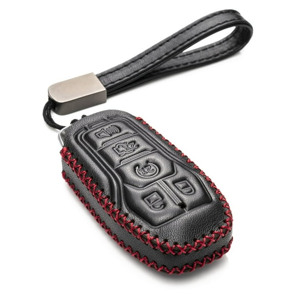 Vitodeco Genuine Leather Smart Key Fob Case Cover Protector Compatible for Ford Fusion, Explorer, Escape, Edge, F-150, Mustang (2015 - 2017 Models) - 5-Button, Black/Red