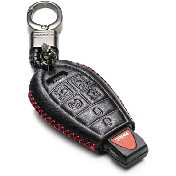 Vitodeco Genuine Leather Smart Key Fob Case Cover Protector with Leather Key Chain Compatible for Dodge Grand Caravan (2008 - 2020 Models) - 7-Button, Black/Red