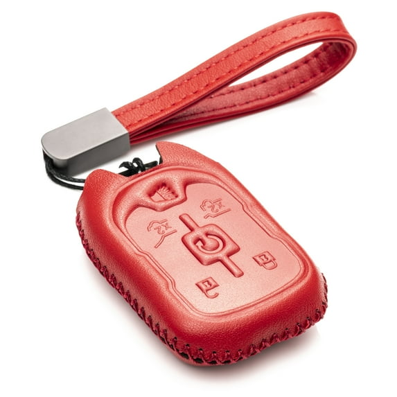 Vitodeco Genuine Leather Smart Key Fob Case Cover Protector with Leather Key Strap Compatible for 2015-2022 GMC Yukon, Yukon XL, Yukon Denali (6-Button, Red)
