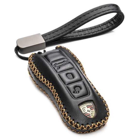 Vitodeco Genuine Leather Smart Key Fob Case Cover Protector with Leather Key Strap Compatible for 2020 - 2025 Porsche Cayenne, Macan, Panamera, 718, 911 (3-Button, Black)