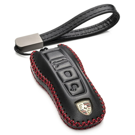 Vitodeco Genuine Leather Smart Key Fob Case Cover Protector with Leather Key Strap Compatible for 2020 - 2025 Porsche Cayenne, Macan, Panamera, 718, 911 (3-Button, Black/Red)