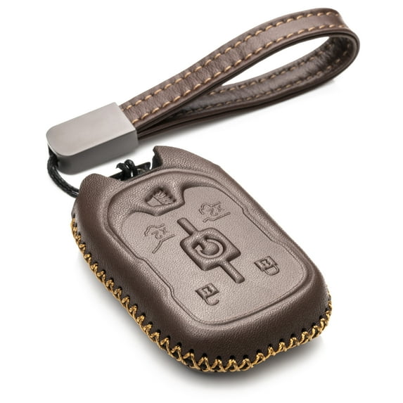Vitodeco Genuine Leather Smart Key Fob Case Cover Protector with Leather Key Strap Compatible for 2015-2022 GMC Yukon, Yukon XL, Yukon Denali (6-Button, Brown)
