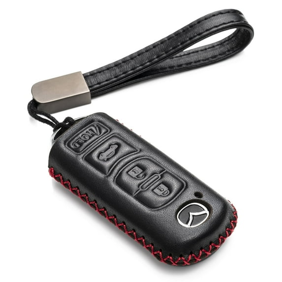 Vitodeco Genuine Leather Smart Key Fob Case Cover Protector for Mazda 3, 6, CX-5, CX-7, CX-9, MX-5 Miata, Atenza Axela (4 Buttons, Black/Red)
