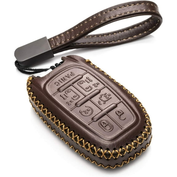 Vitodeco Genuine Leather Smart Key Fob Case Cover Protector with Leather Key Clap Compatible for Chrysler Pacifica 2017 - 2026 (7-Button, Brown)