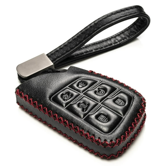 Vitodeco Genuine Leather Smart Key Fob Case with Leather Key Strap Compatible for 2021 Chevrolet Suburban Tahoe (6-Button, Black/Red)