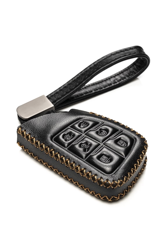 Genuine Leather Smart Key Fob Case with Leather Key Strap Compatible for 2021 Chevrolet Suburban Tahoe (6-Button, Black)