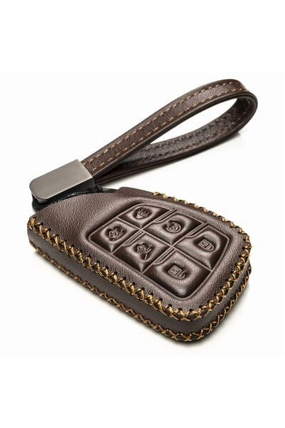 Genuine Leather Smart Key Fob Case with Leather Key Strap Compatible for 2021 Chevrolet Suburban Tahoe (6-Button, Brown)