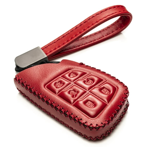 Vitodeco Genuine Leather Smart Key Fob Case with Leather Key Strap Compatible for 2021 Chevrolet Suburban Tahoe (6-Button, Red)