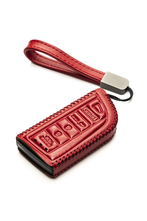 Genuine Leather Smart Key Fob Case with Leather Key Strap Compatible for Acura MDX, Acura RDX 2022 -2023 (5-Button, Red)