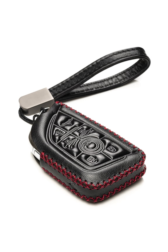 Genuine Leather Smart Key Fob Case with Leather Key Strap Compatible for Chevrolet Corvette (2020 - 2026 Models) - 7-Button, Black/Red