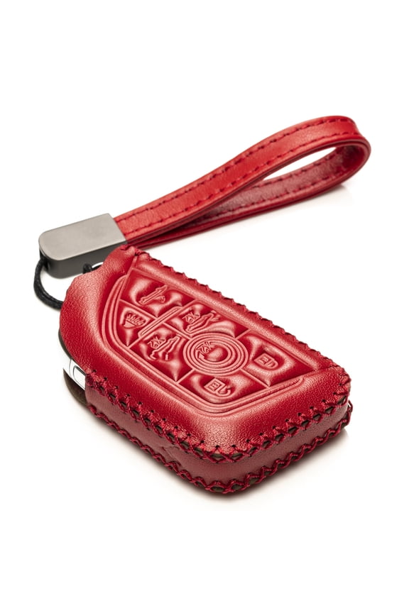 Genuine Leather Smart Key Fob Case with Leather Key Strap Compatible for Chevrolet Corvette (2020 - 2026 Models) - 7-Button, Red