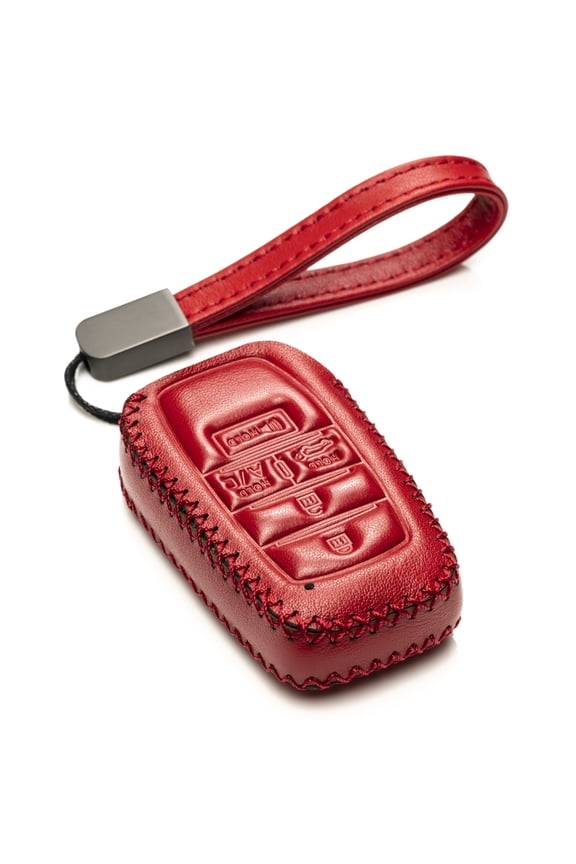 Genuine Leather Smart Key Fob Case with Leather Key Strap Compatible for Toyota Rav4 Prime 2021 (5-Button, Red)