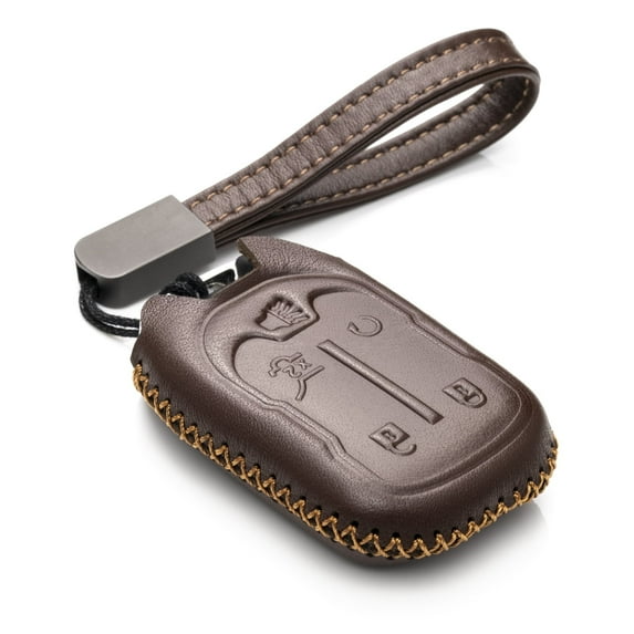 Vitodeco Genuine Leather Smart Key Fob Case with Leather Strap Compatible for GMC ACADIA, GMC TERRAIN (2017-2025 Models) - 5-Button, Brown