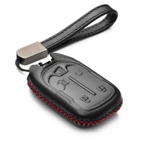 Vitodeco Genuine Leather Smart Key Fob Case with Leather Strap Compatible for GMC Acadia, GMC Terrain (2017 - 2025 Models ) - 5-Button, Black/Red