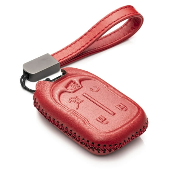 Vitodeco Genuine Leather Smart Key Fob Case with Leather Strap Compatible for GMC Acadia, GMC Terrain (2017 - 2025 Models ) - 5-Button, Red