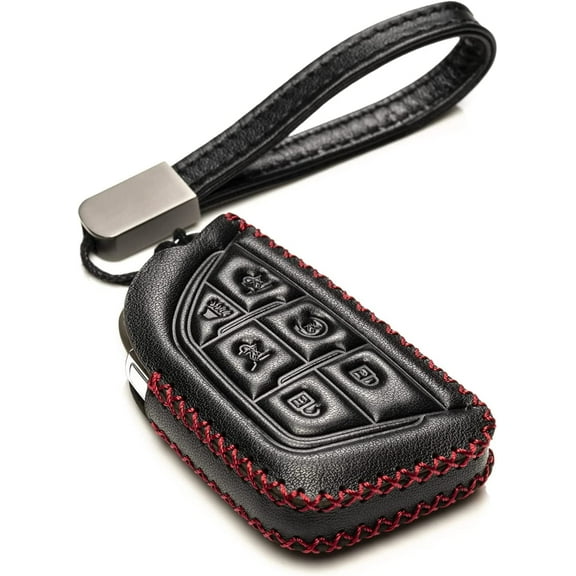 Vitodeco Genuine Leather Smart Key Fob Remote Case with Leather Key Strap Compatible for Cadillac Escalade 2021- 2025 (6-Button, Black/Red)