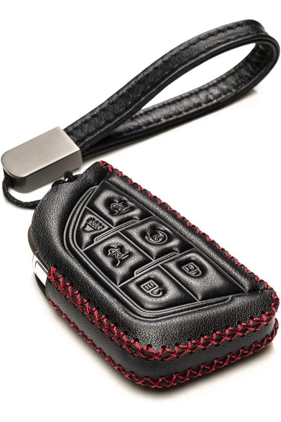 Genuine Leather Smart Key Fob Remote Case with Leather Key Strap Compatible for Cadillac Escalade 2021- 2025 (6-Button, Black/Red)