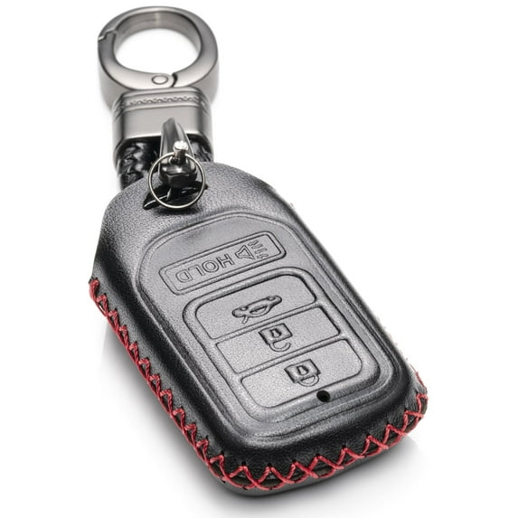 Vitodeco Genuine Leather Smart Key Keyless Remote Entry Fob Case Cover with Key Chain for Honda Civic, Fit, Accord, Pilot, CR-V (4 Buttons, Black/Red)
