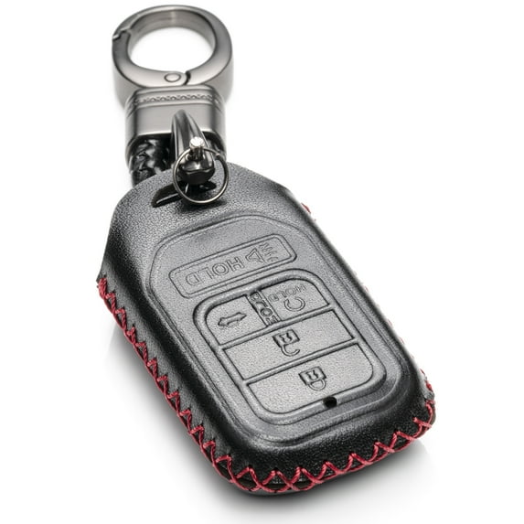 Vitodeco Genuine Leather Smart Key Keyless Remote Entry Fob Case Cover with Key Chain for Honda Civic, Fit, Accord, Pilot, CR-V (5 Buttons, Black/Red)