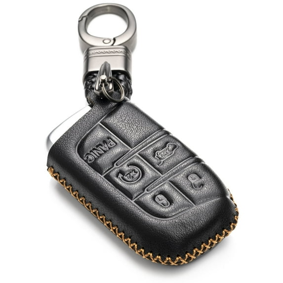 Vitodeco Genuine Leather Smart Key Keyless Remote Entry Fob Case Cover with Key Chain Clip for JEEP, Dodge, Chrysler (5 Buttons, Black)